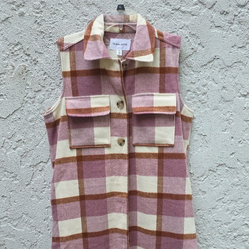 Tribal Jeans Pink Plaid Long Sleeveless Vest Shacket with Pockets